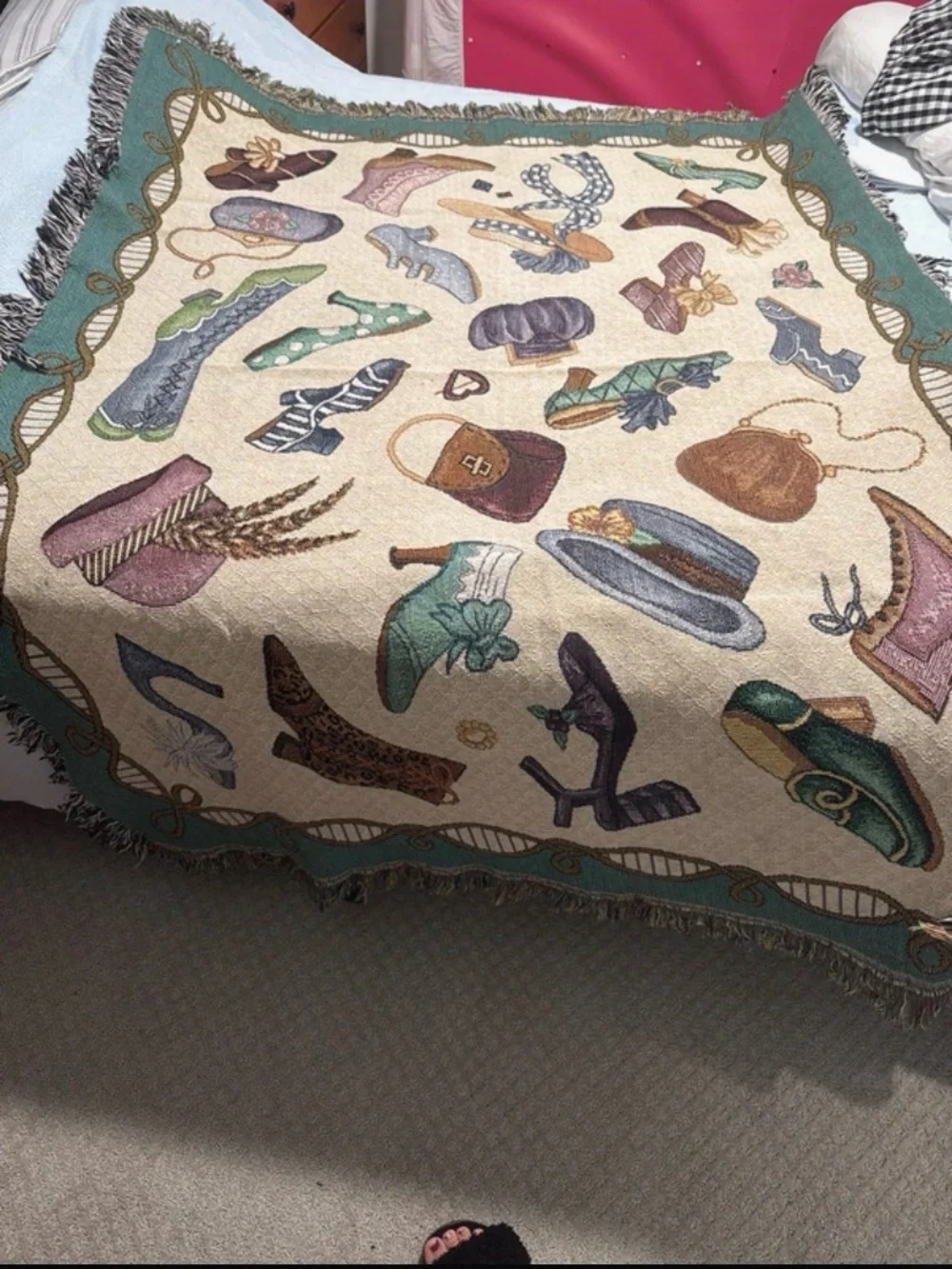 vintage Pat Cockrell Tapestry Throw Blanket Victorian Shoes Hats Purse